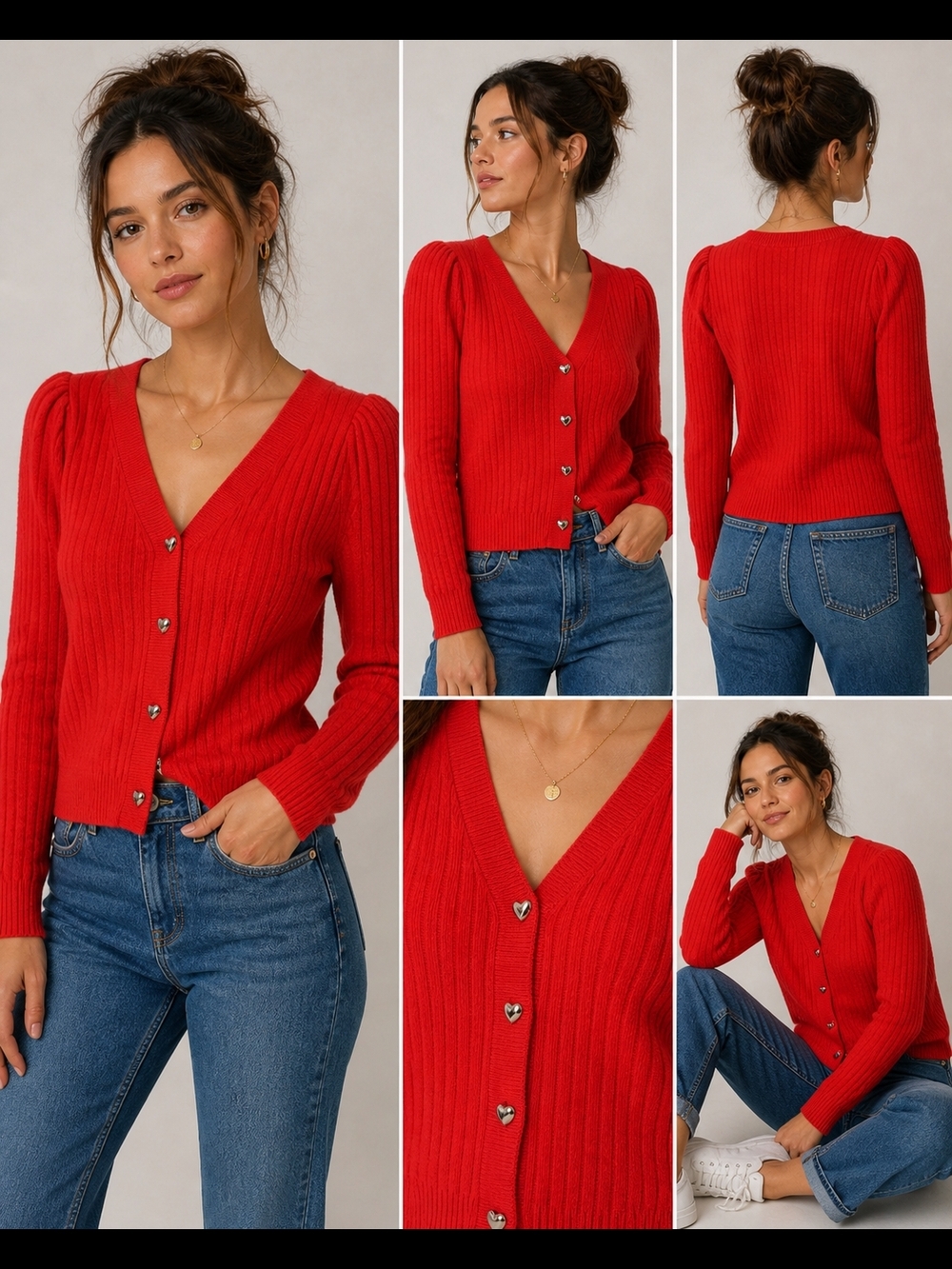 LOFT Red Ribbed Cardigan Heart Buttons V-Neck Women’s Medium Sweater Cute Cozy